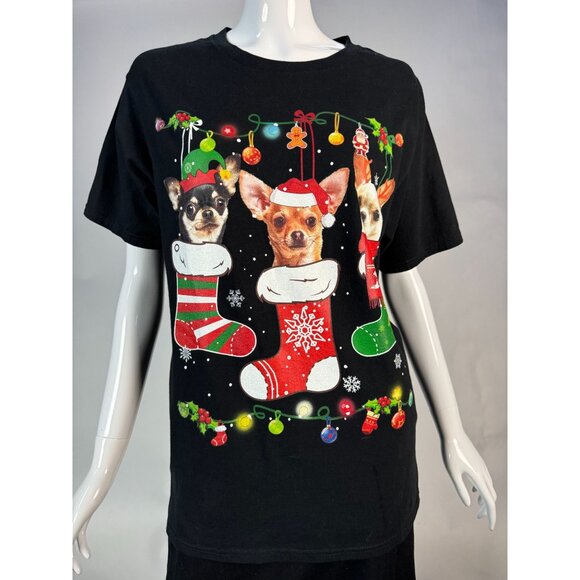 Christmas Chihuahua Stocking T-Shirt Port & Company Medium 100% Cotton Black - Picture 11 of 16